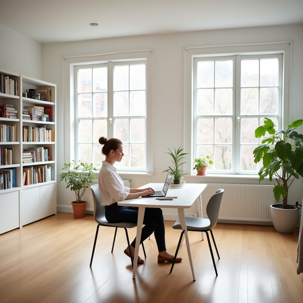 Clean modern office workspace in Cincinnati with natural light, white walls, minimal furniture, and a researcher working at a tidy desk