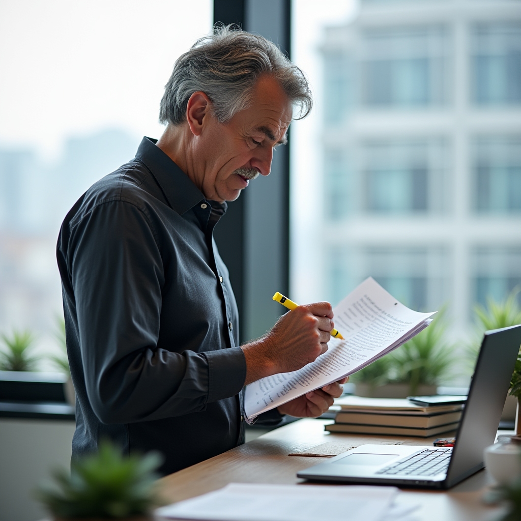 Senior content strategist reviewing editorial guidelines at a clean desk with natural light, conveying expertise and methodical review