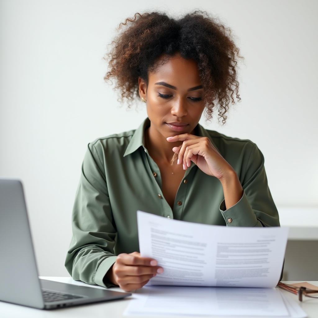 AI tools editor, a woman in her late 30s with natural hair and a composed expression, reviewing printed content guidelines at a minimalist workstation