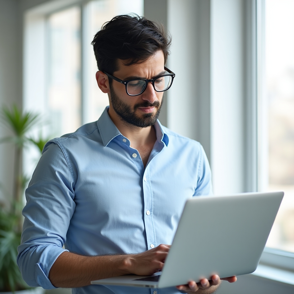 SEO analyst, a man in his mid-30s with glasses and a thoughtful expression, standing near a window reviewing data on a laptop in a clean modern office